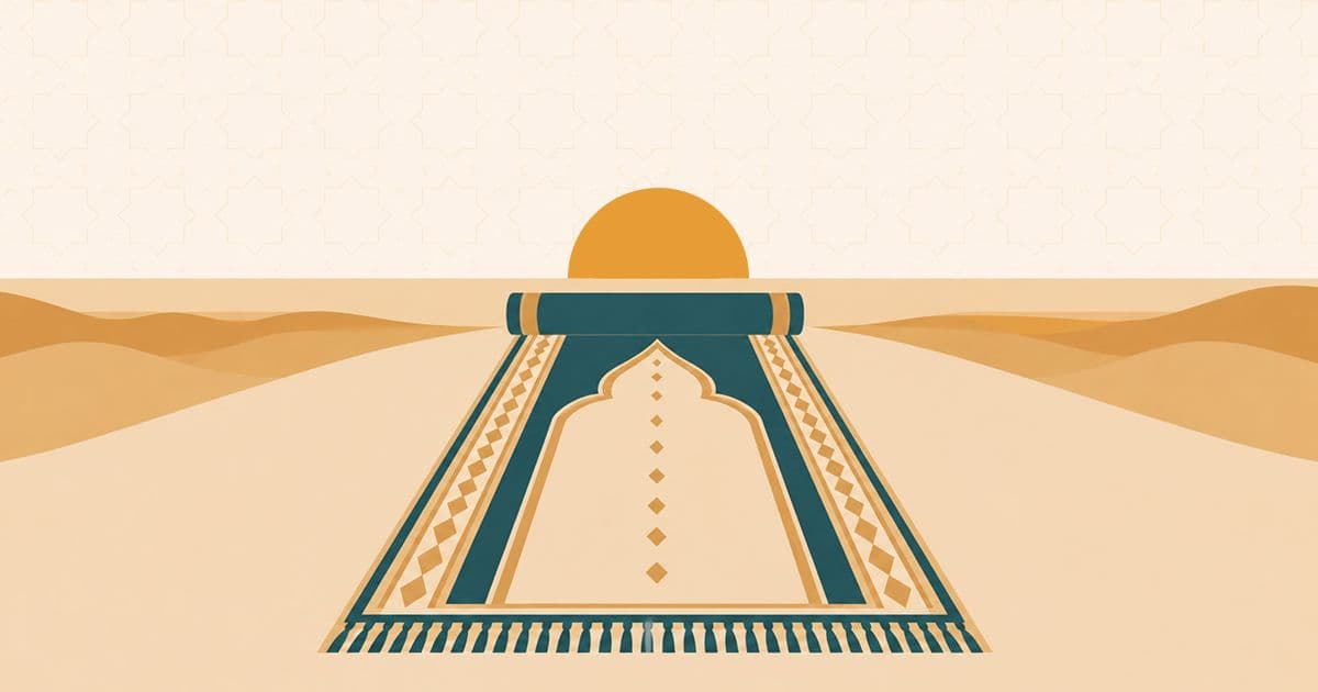 A prayer mat laid out in early morning light beside a wall calendar