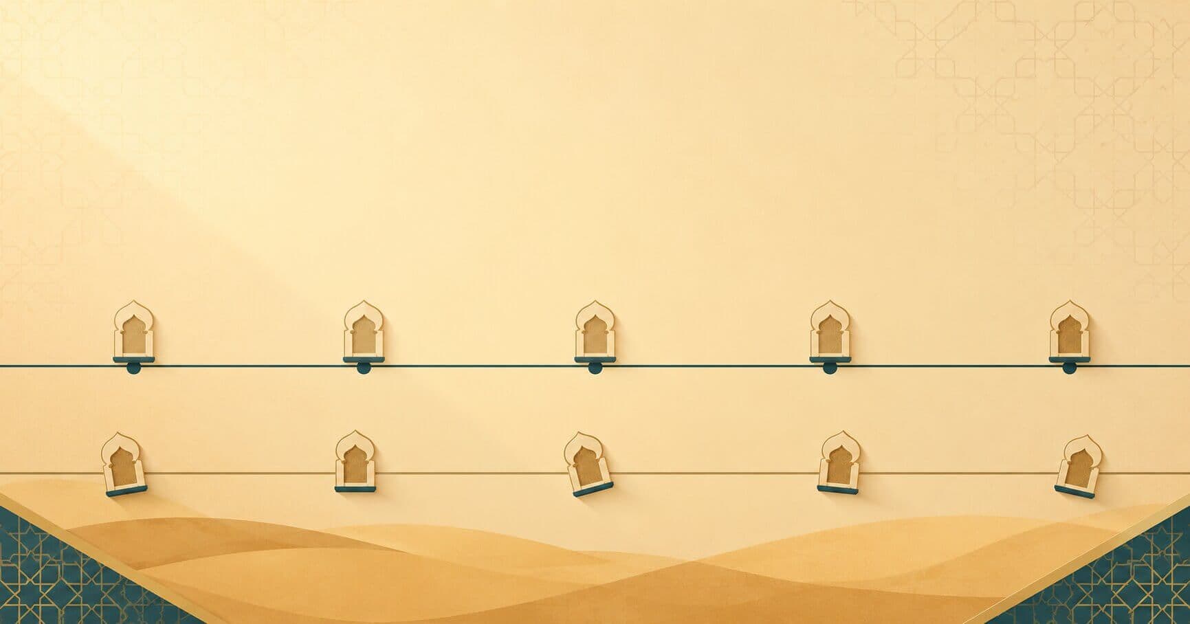 Two rows of five prayer markers, the upper row anchored to evenly spaced points, the lower row drifting with no anchors