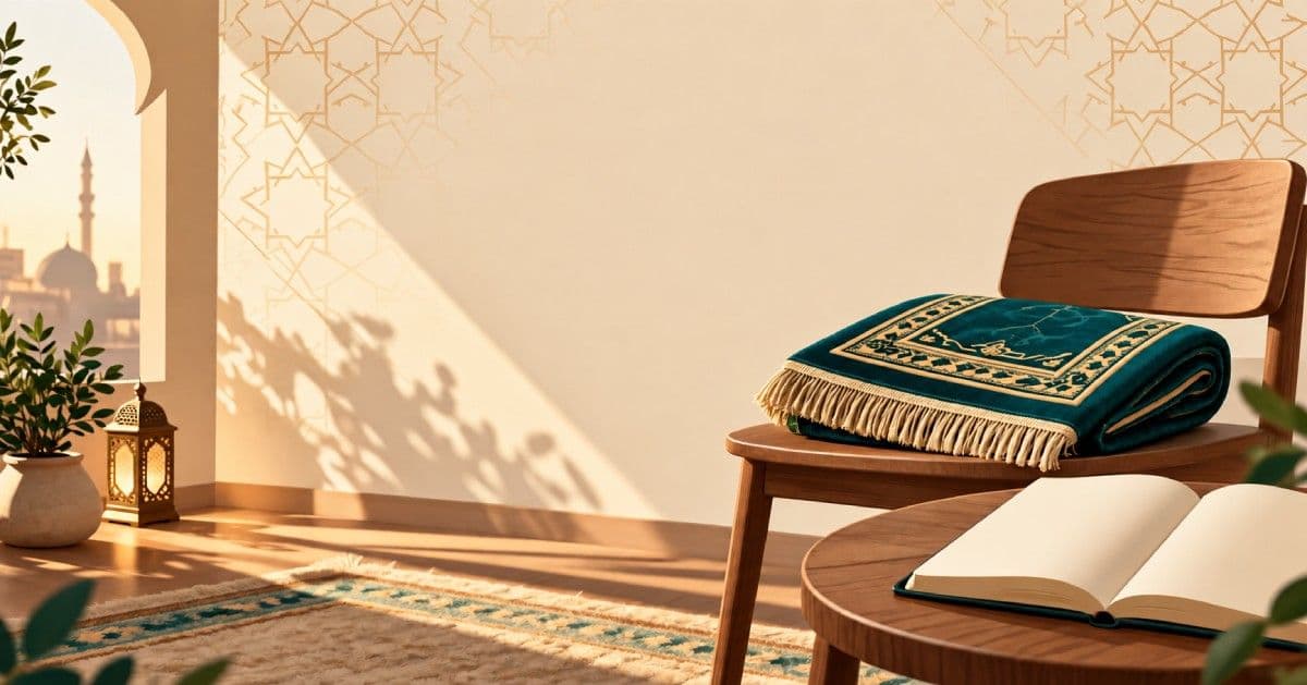 A folded prayer mat beside an open notebook with a single handwritten line