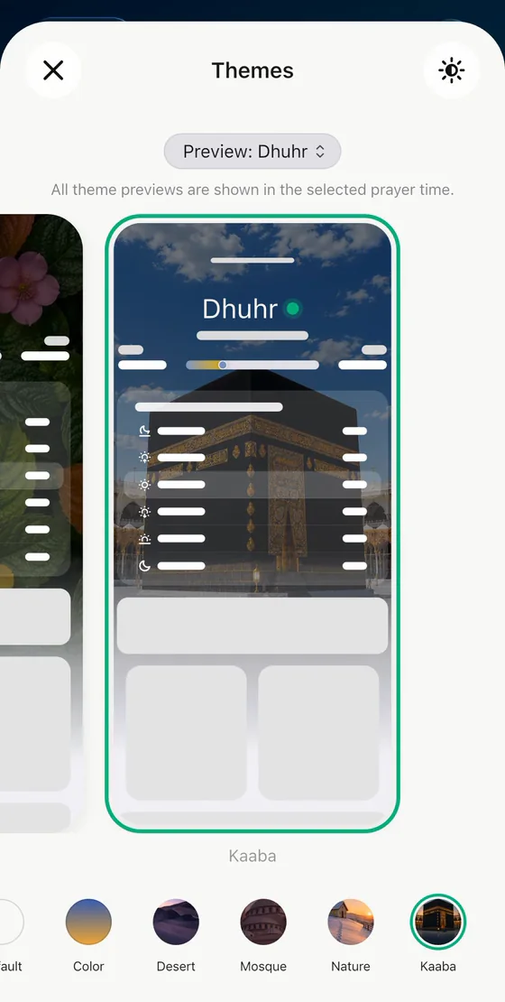 The Themes page: a large wallpaper preview on top, with the category strip below.