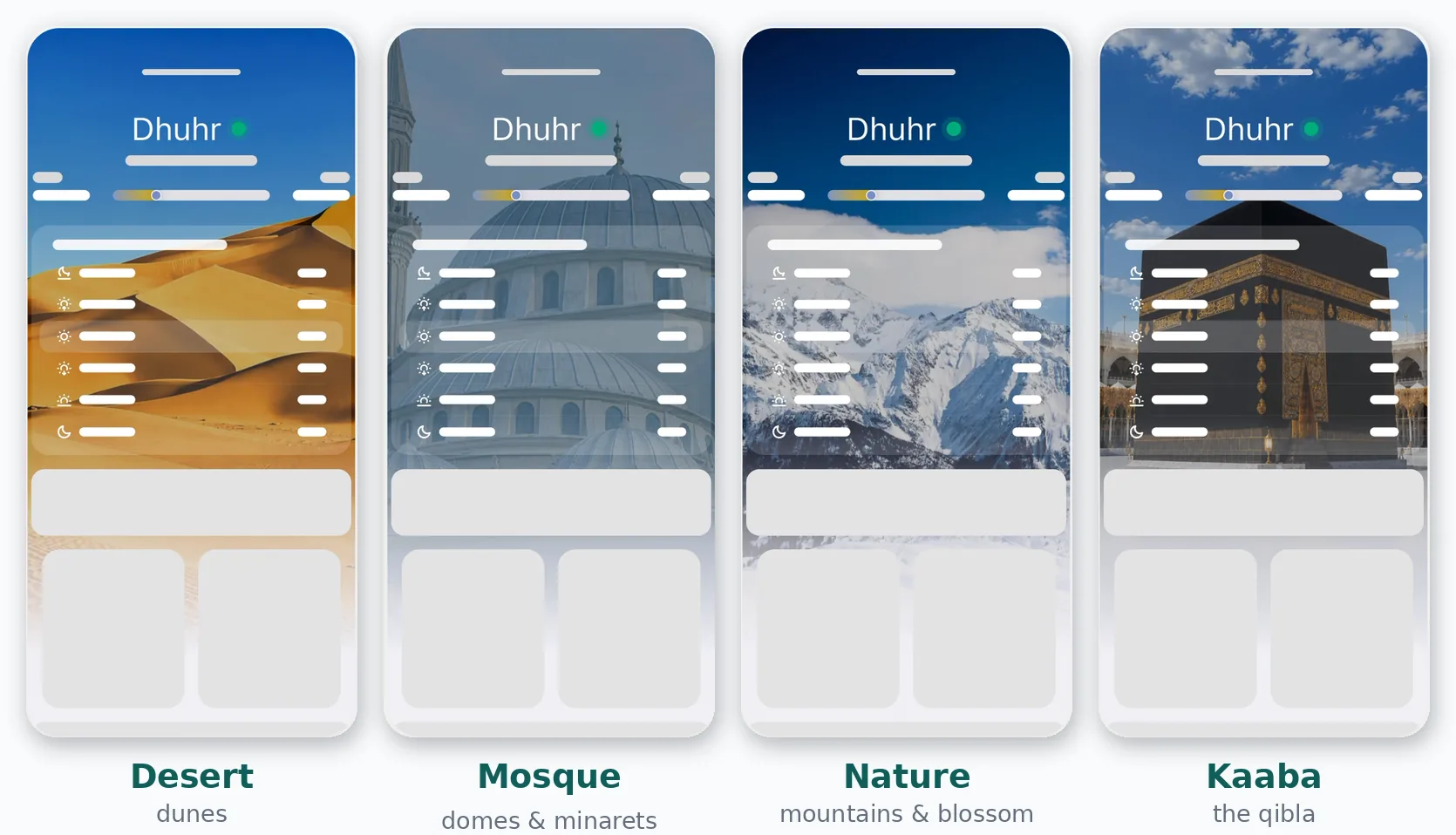 Four themes side by side, all previewed at Dhuhr: Desert, Mosque, Nature, and Kaaba.